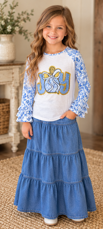 Girls Blue Toile JOY Christmas Ruffle Sleeve Top product image 6