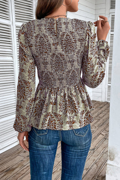 Perfee Smocked Printed Balloon Sleeve Blouse