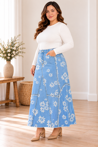 Be-Girl Light Blue Daisy Floral Denim Maxi Skirt Plus Size – PREORDER
