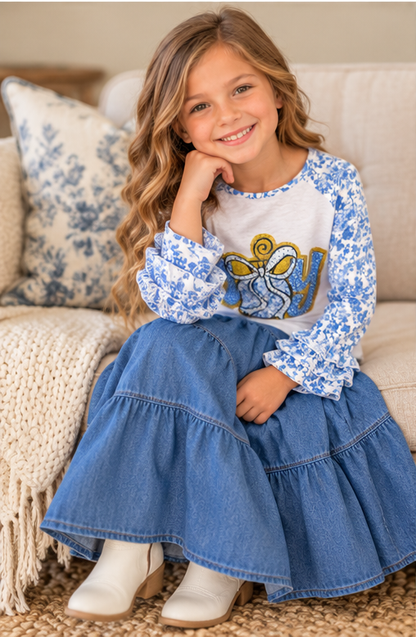 Girls Blue Toile JOY Christmas Ruffle Sleeve Top product image 2
