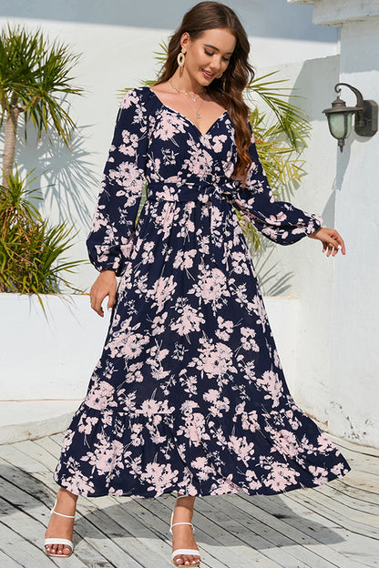 Floral Print V-Neck Long Sleeve Maxi Dress