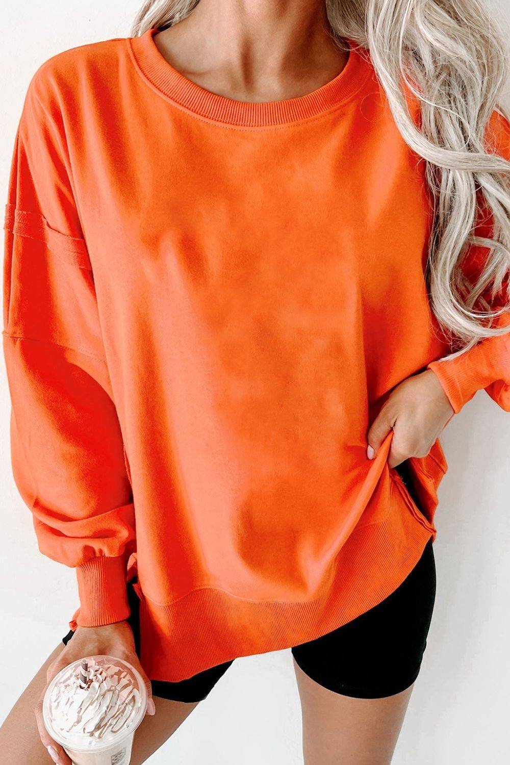 Side Slit Round Neck Long Sleeve Sweatshirt