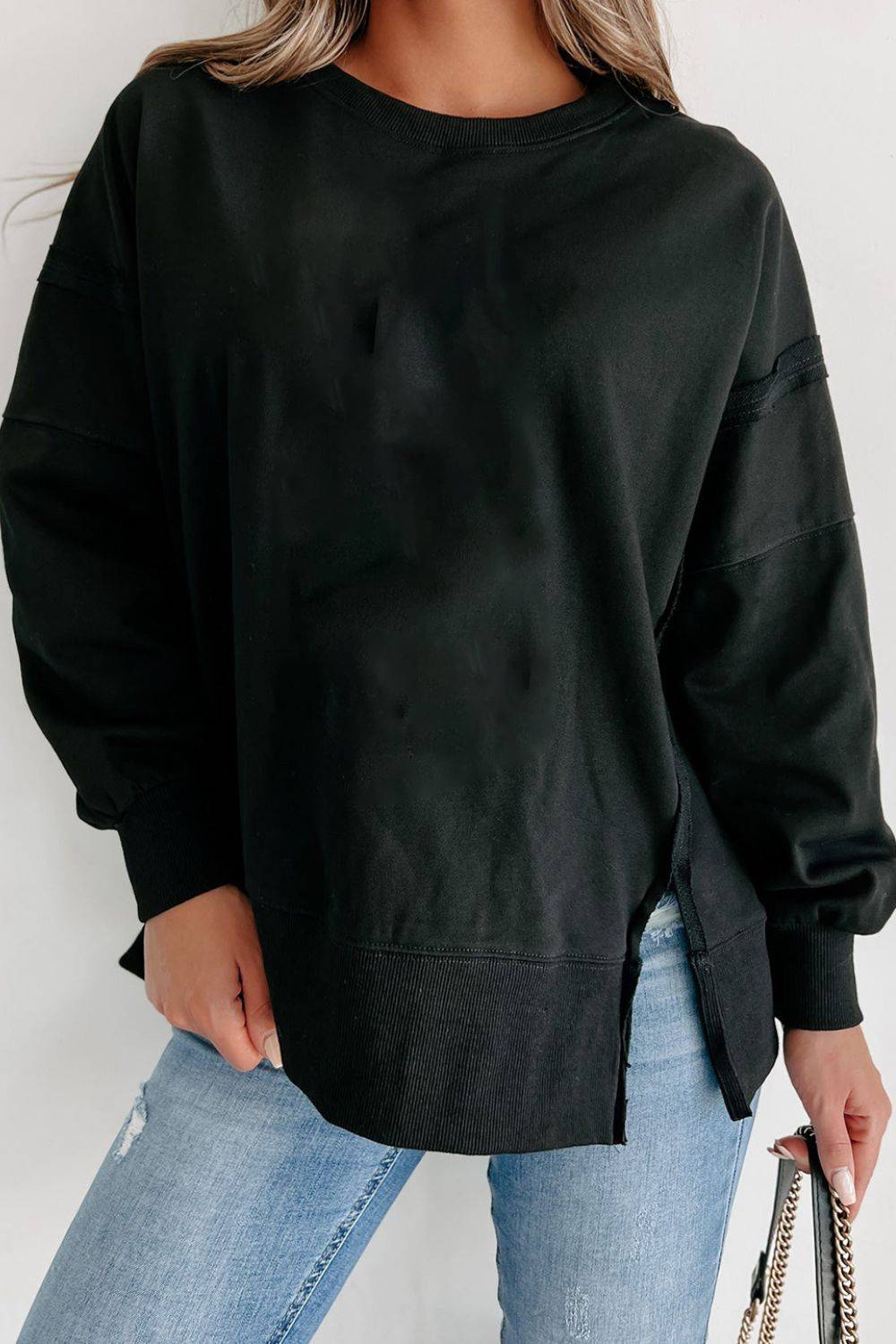 Side Slit Round Neck Long Sleeve Sweatshirt