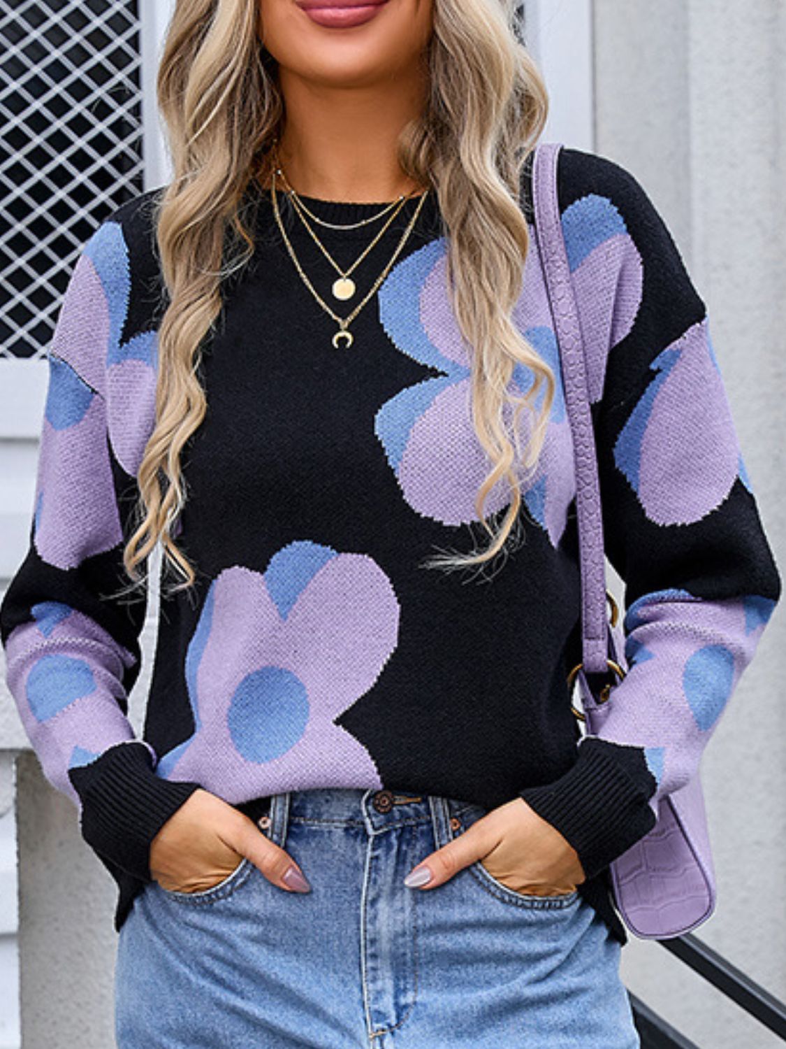 Angel Wings Flower Round Neck Long Sleeve Sweater