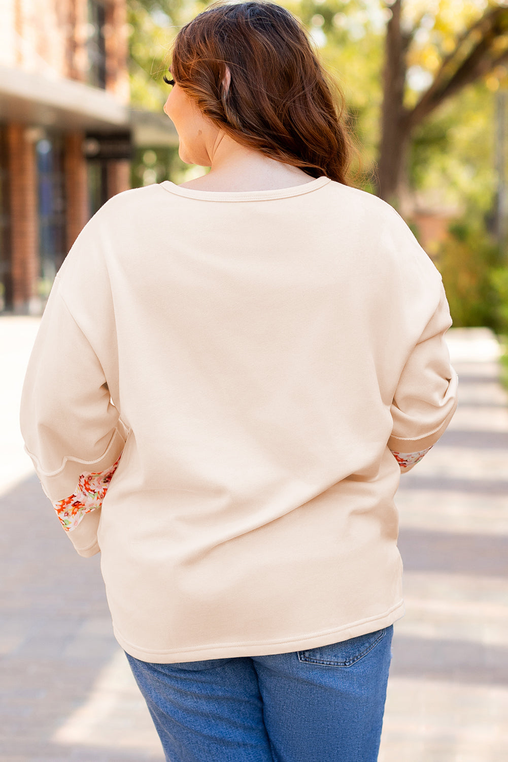 Beige Plus Size Flower Patched Side Slits Crewneck Top