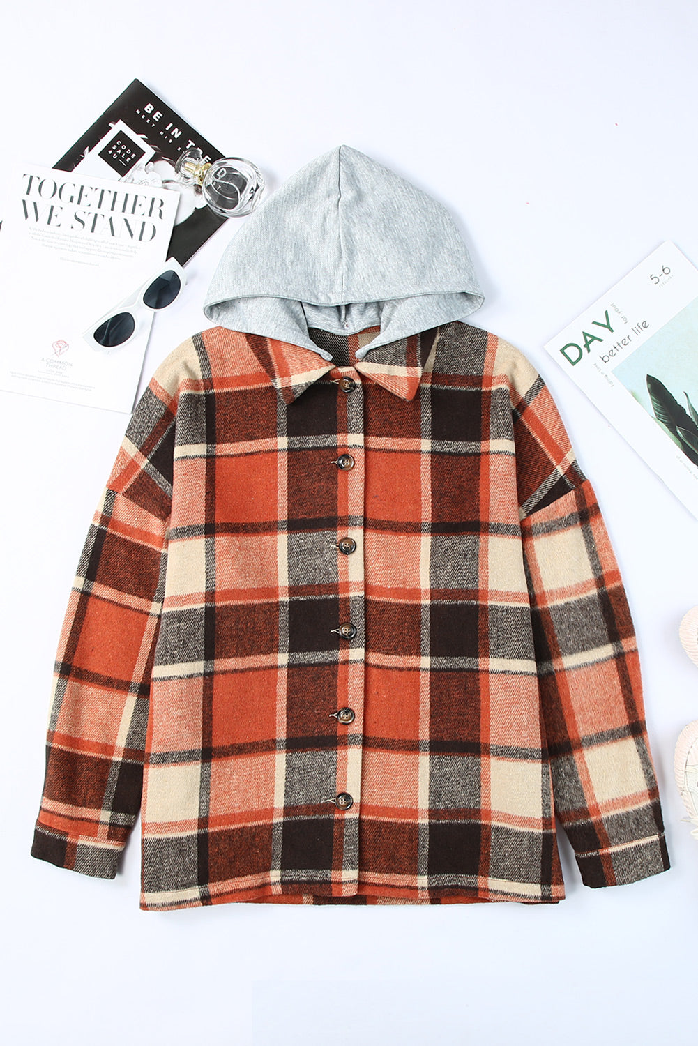 Orange Hooded Plaid Button Front Shacket