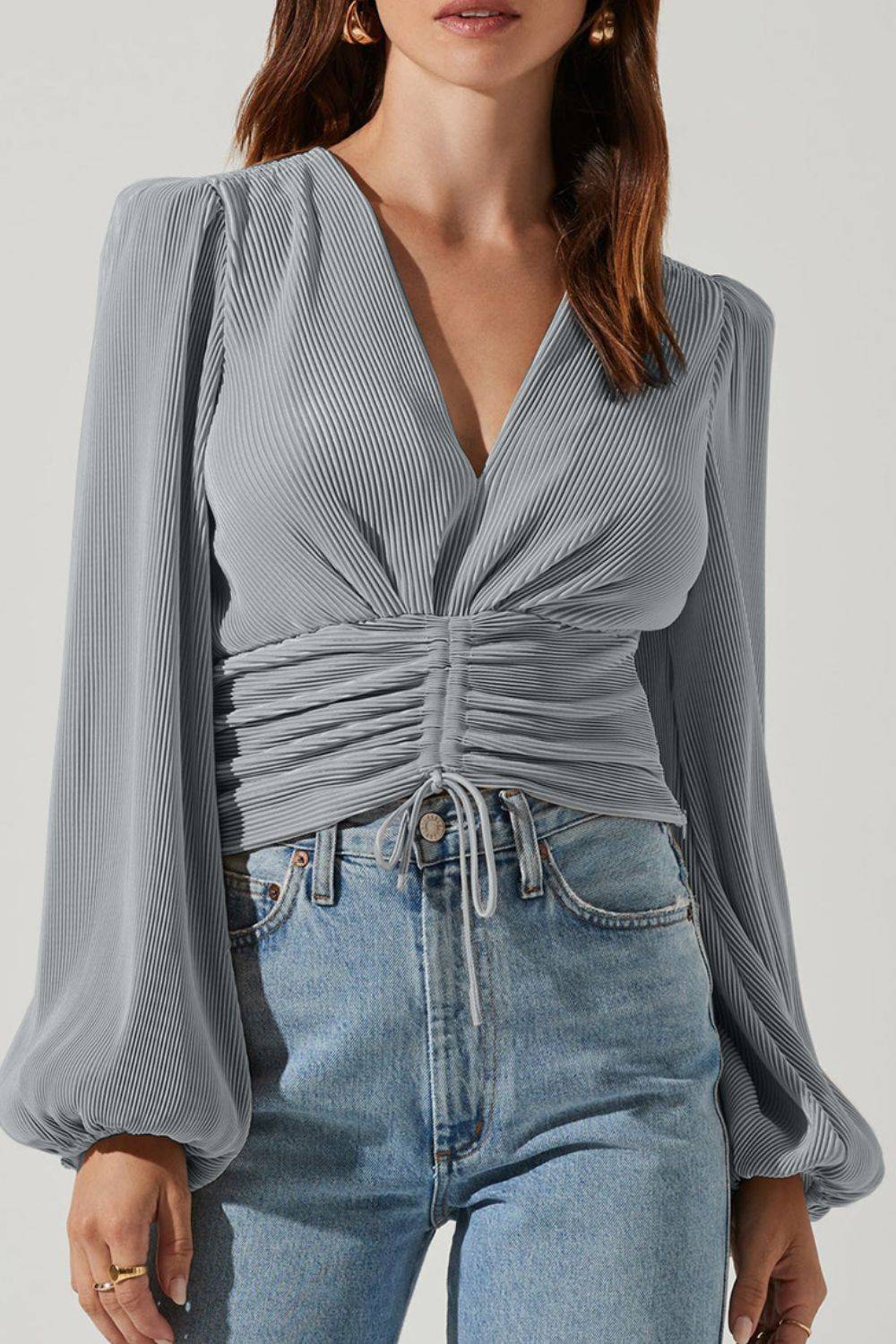 Drawstring V-Neck Long Sleeve Blouse