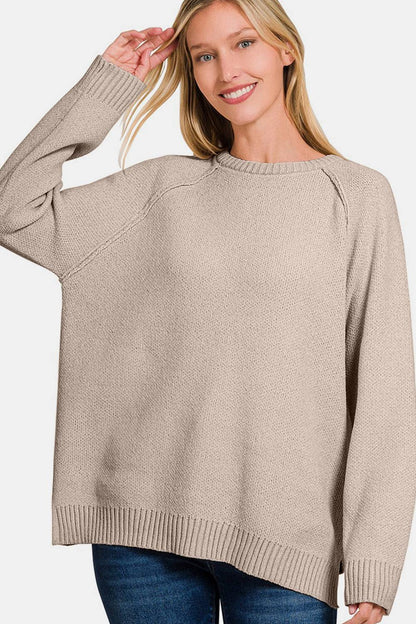 Zenana Side Slit Raglan Sleeve Sweater