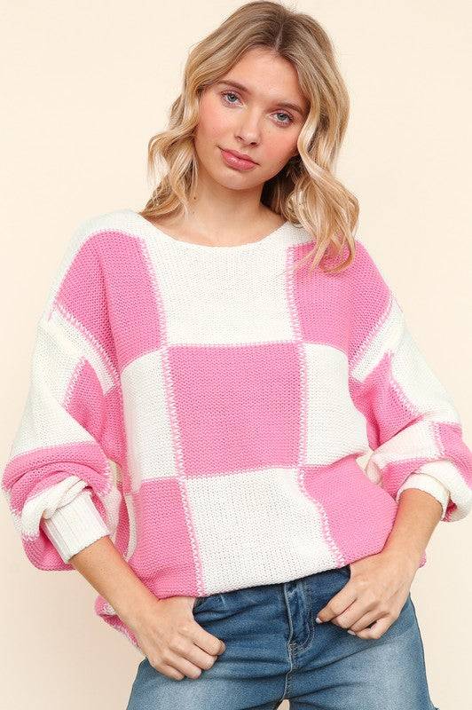 Haptics Full Size Checkered Round Neck Drop Shoulder Sweater