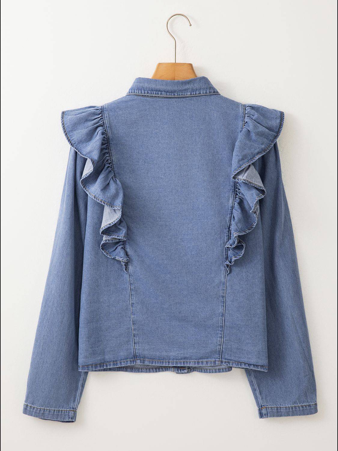 Ruffled Collared Neck Long Sleeve Denim Top