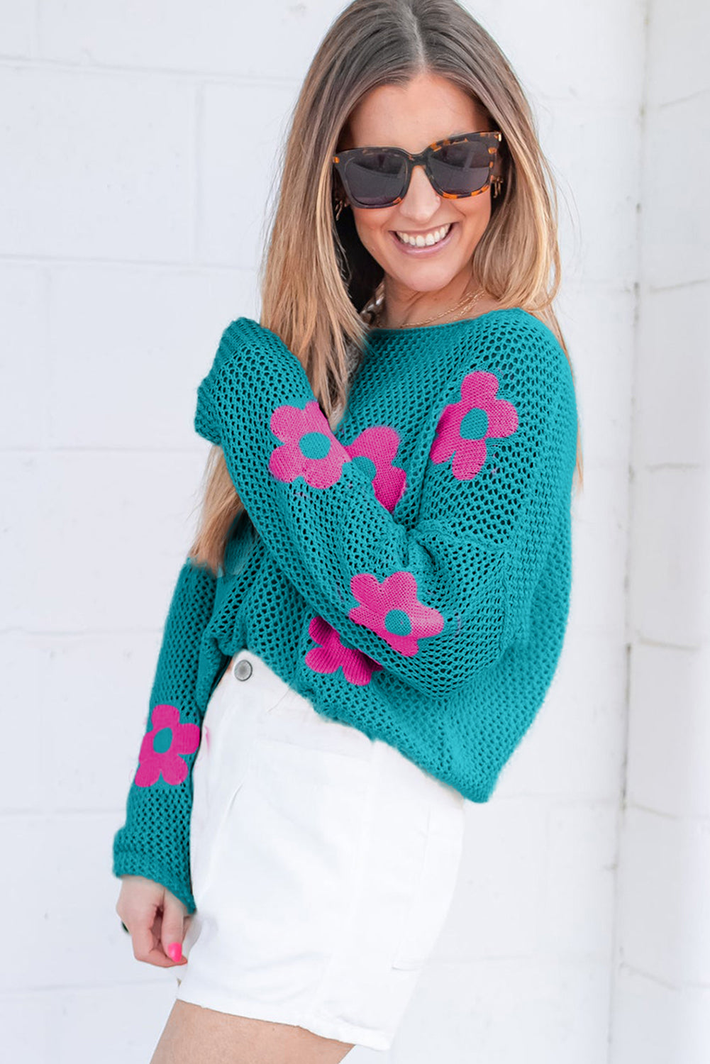 Sea Green Big Flower Hollowed Knit Drop Shoulder Sweater