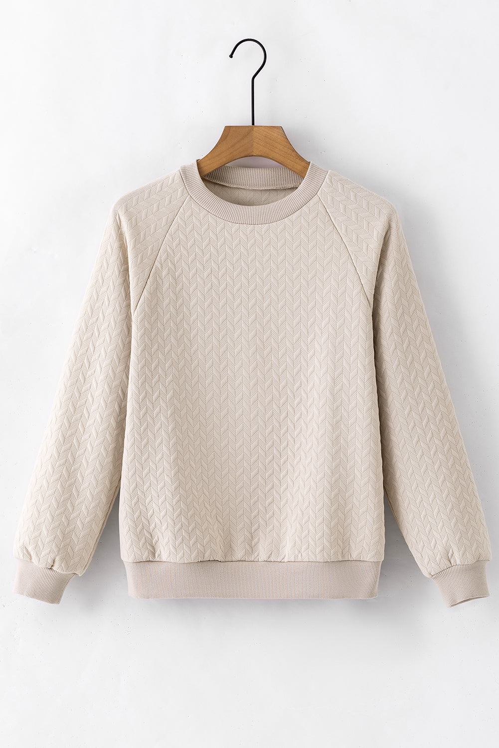 Beige Solid Textured Raglan Sleeve Pullover Sweatshirt