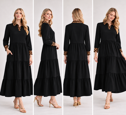 Modest tiered maxi dress with leopard details