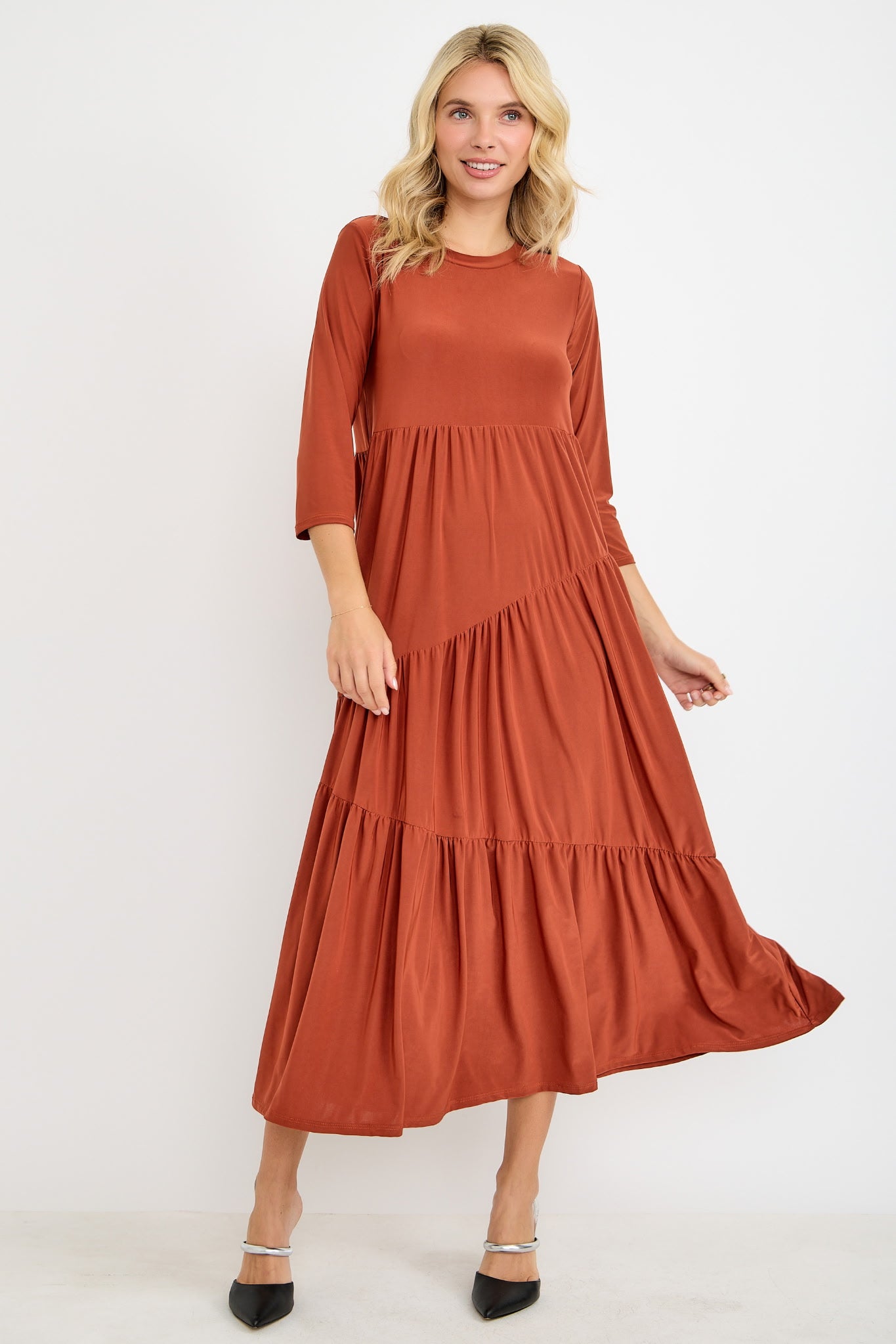 3/4 Sleeve Asymmetrical Tiered Dress In Assorted Fall Colors