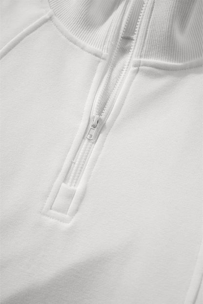 White Zipped Neck Pullover Drop Shoulder Sweatshirt