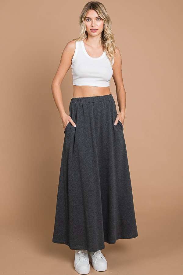 CBF1942-Maxi Full Solid Skirt with Pockets