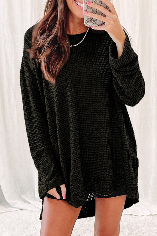 Black Waffle Knit High Slits Oversized Top