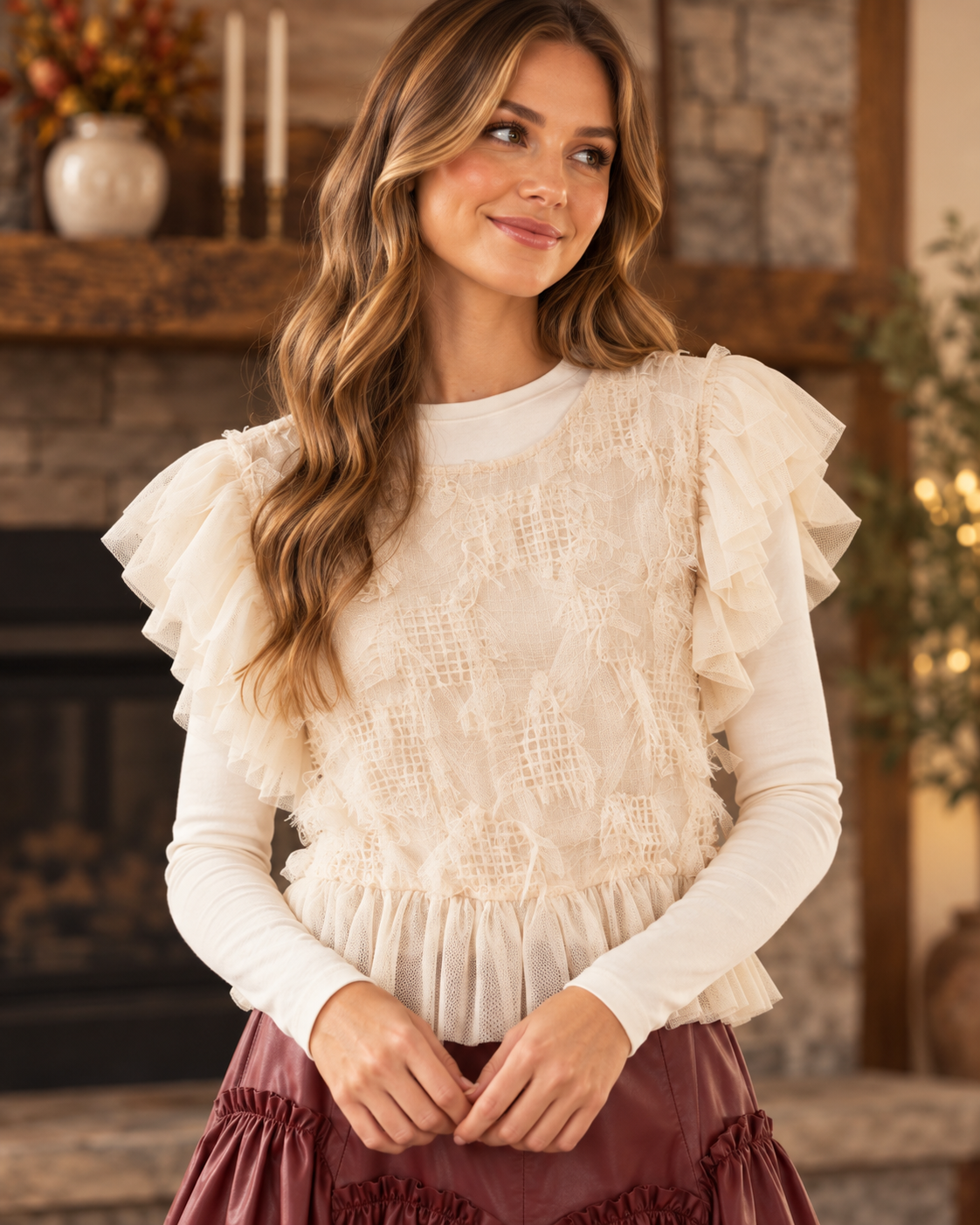 HEYSON Ivory Dimensional Tulle Ruffle Blouse lifestyle view 3