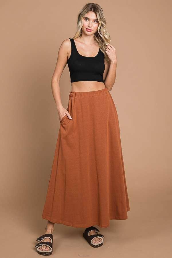 CBF1942-Maxi Full Solid Skirt with Pockets