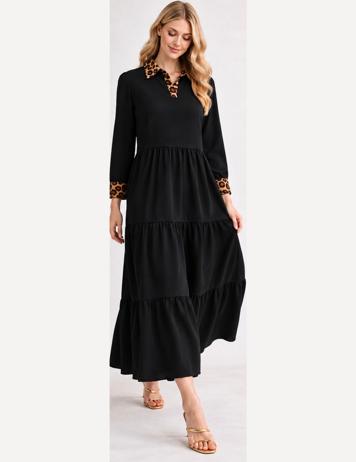 Modest tiered maxi dress with leopard details