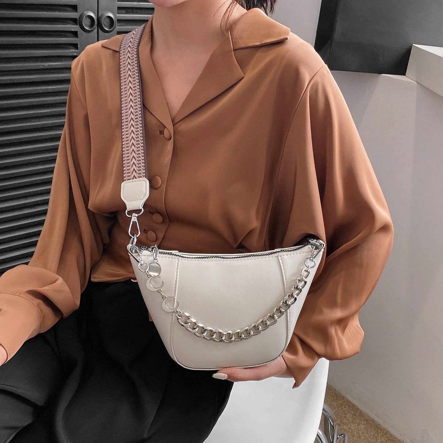 PU Leather Chain Trim Crossbody Bag