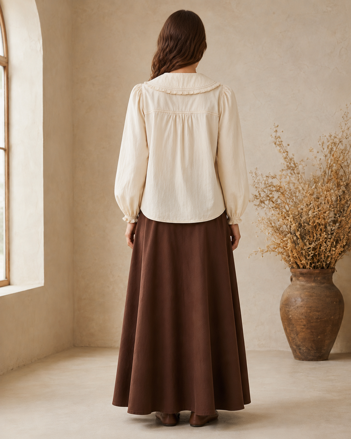 Contrast Stitch Peter Pan Collar Top in Cream