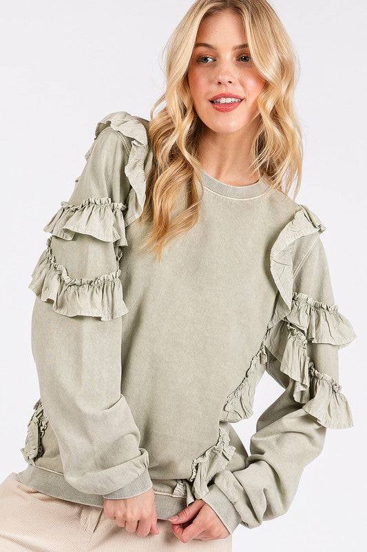 Mittoshop Ruffled Mineral Washed Round Neck Long Sleeve Sweatshirt