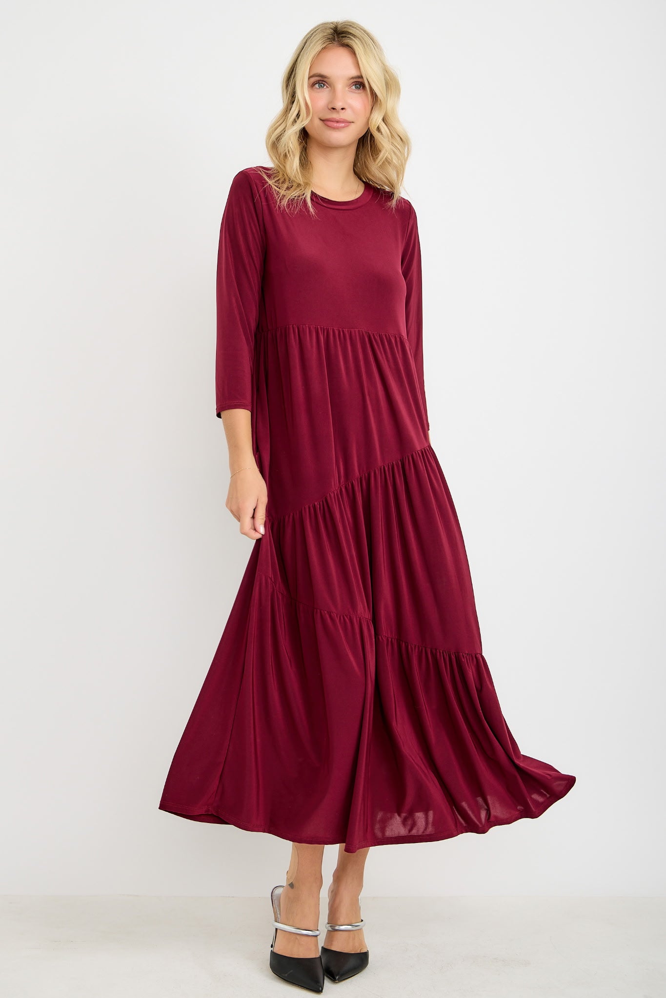 3/4 Sleeve Asymmetrical Tiered Dress In Assorted Fall Colors