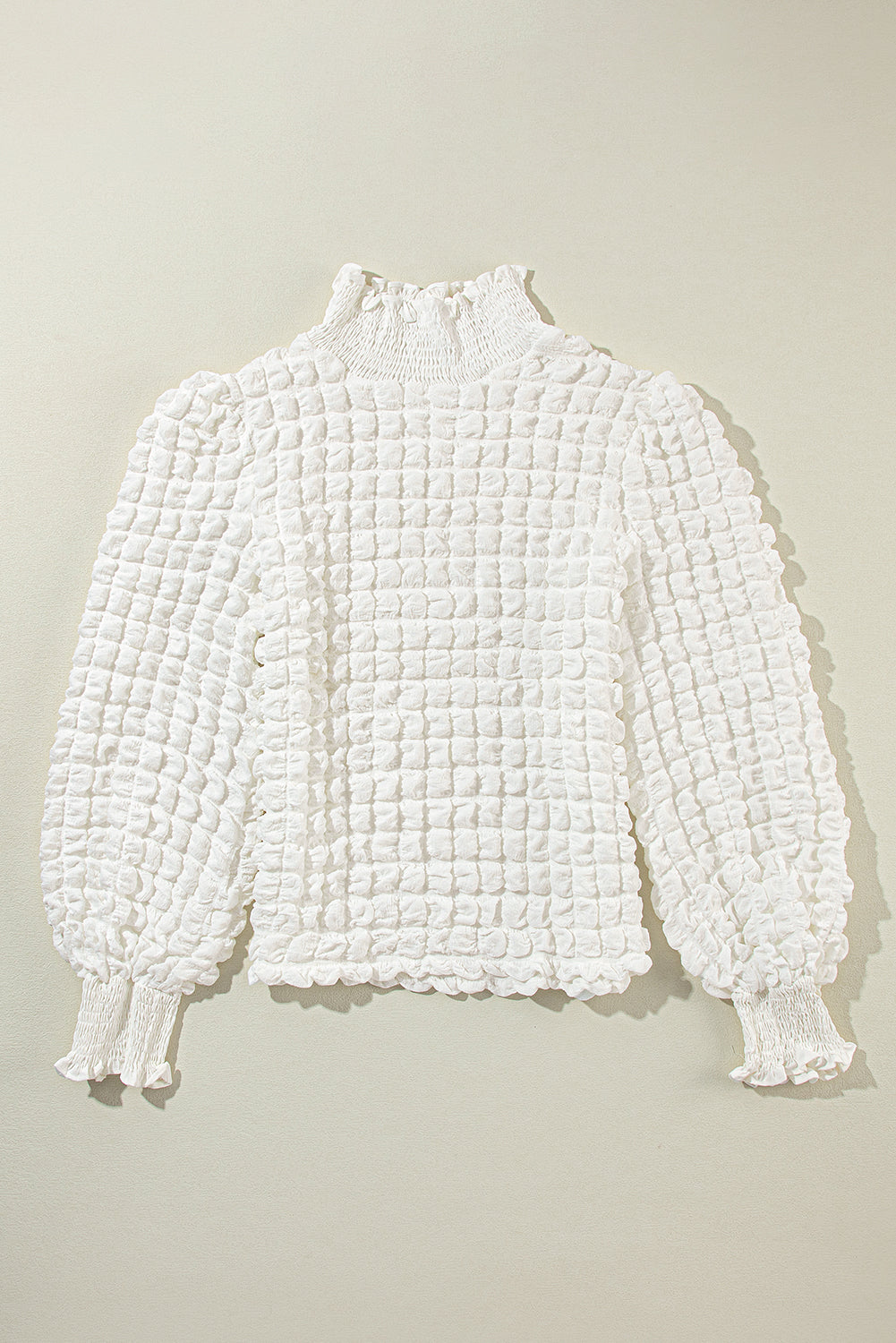 White Textured Smocked Mock Neck Puff Sleeve Top