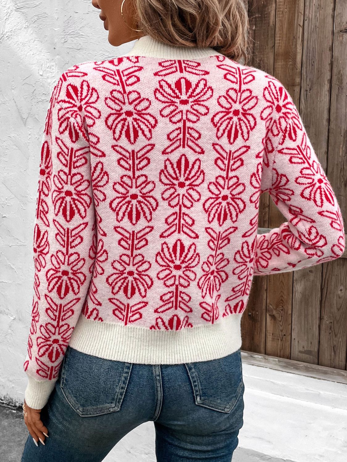 Perfee Flower Round Neck Long Sleeve Sweater