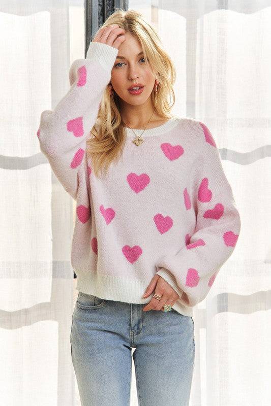 ADORA Heart Round Neck Drop Shoulder Sweater