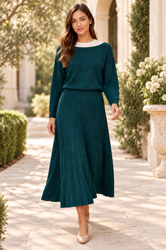 Forest Teal High-Waisted Pleated Midi Skirt - front view