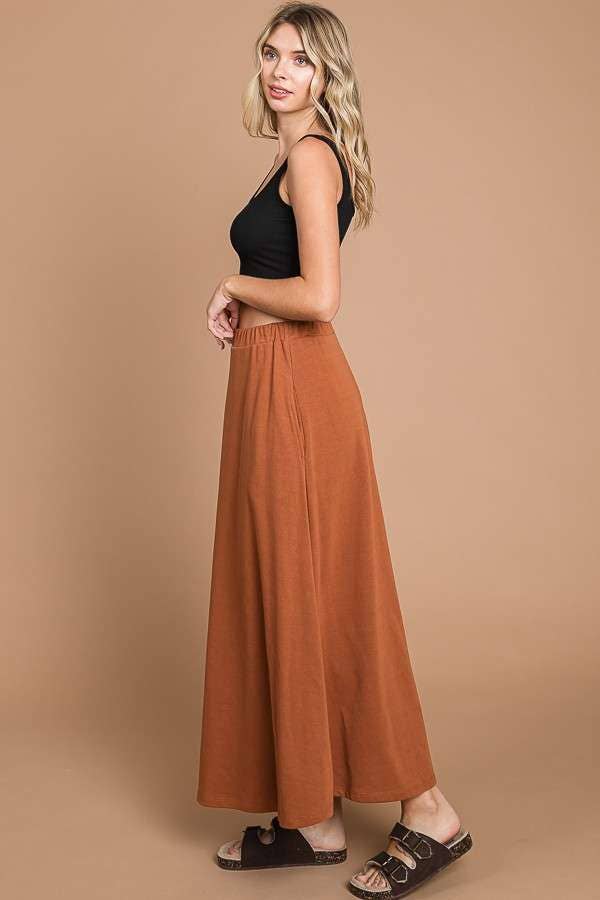 CBF1942-Maxi Full Solid Skirt with Pockets