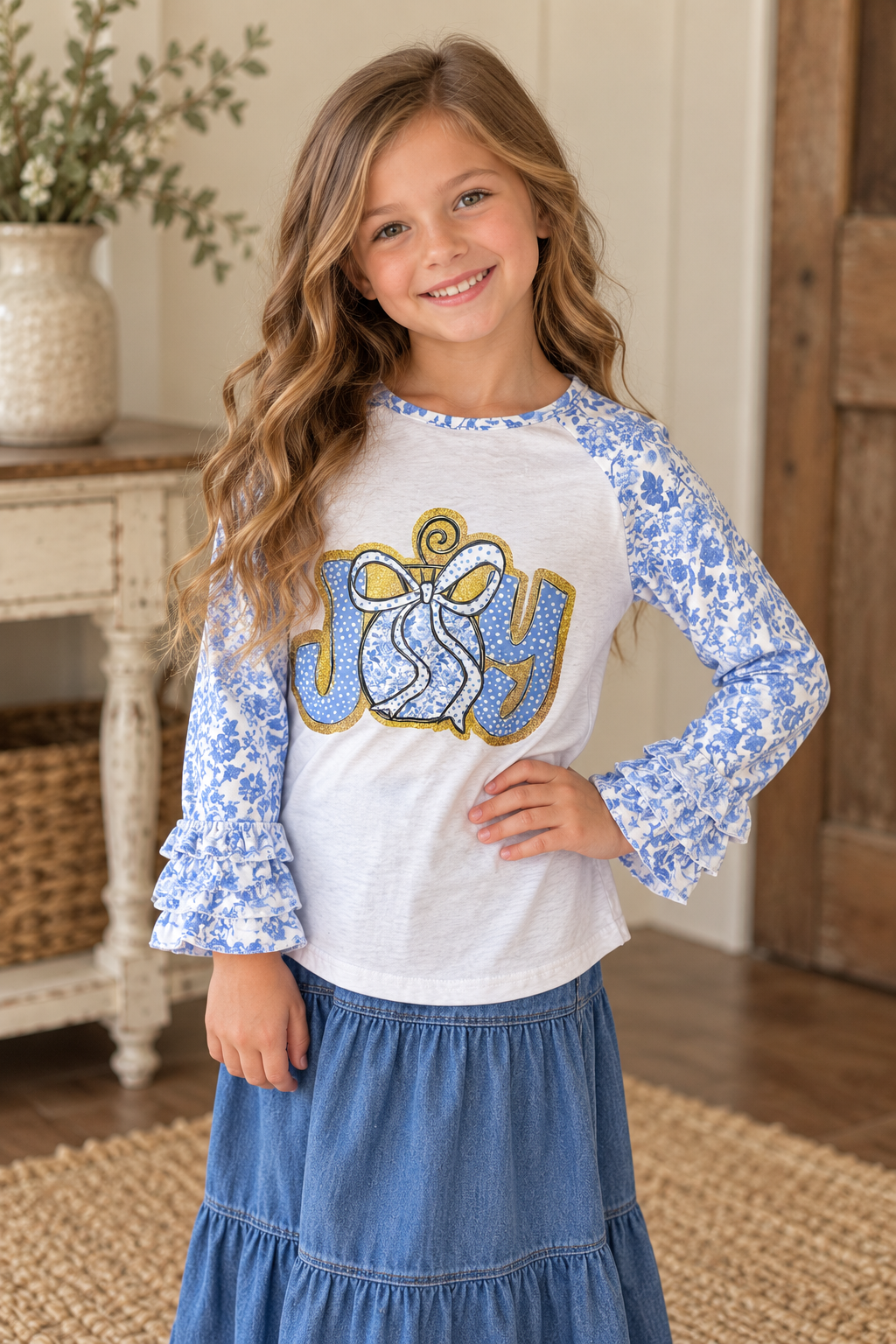 Girls Blue Toile JOY Christmas Ruffle Sleeve Top product image 1