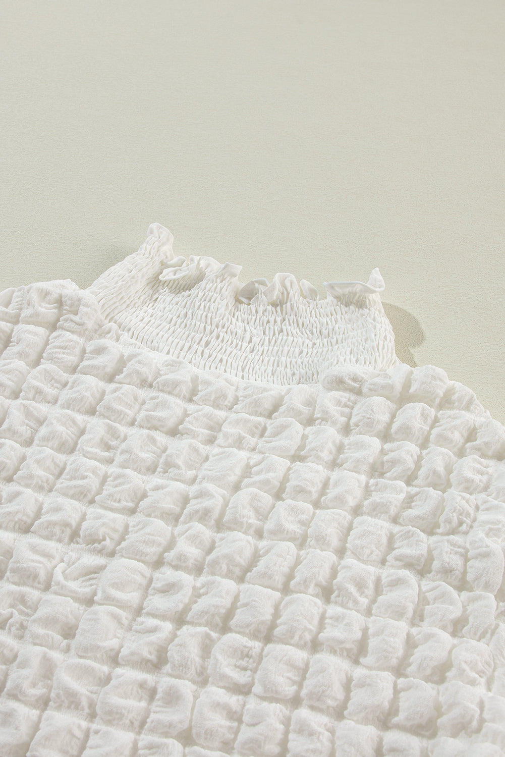 White Textured Smocked Mock Neck Puff Sleeve Top