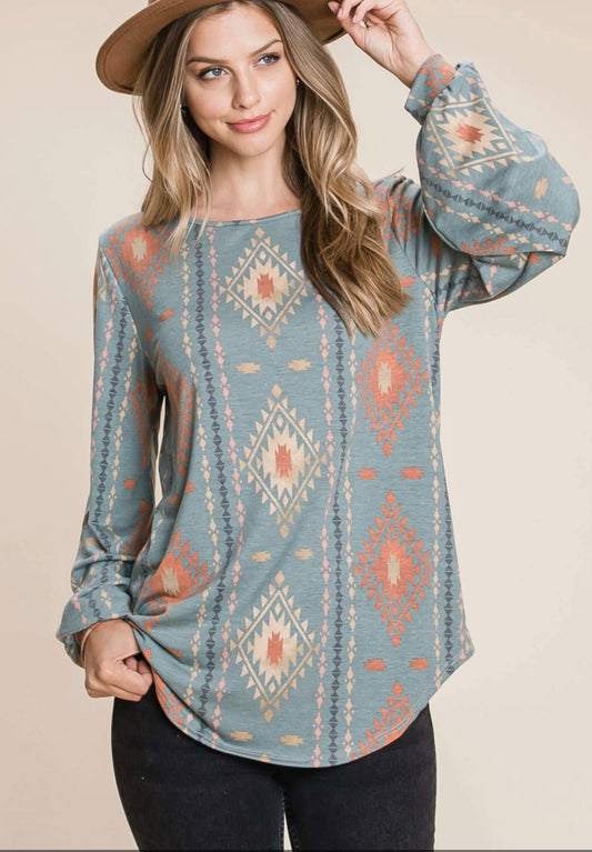 Bombom TL1601A Aztec Print Loose Fit Tunic Top