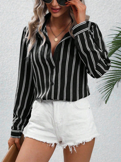 Striped Collared Neck Long Sleeve Shirt