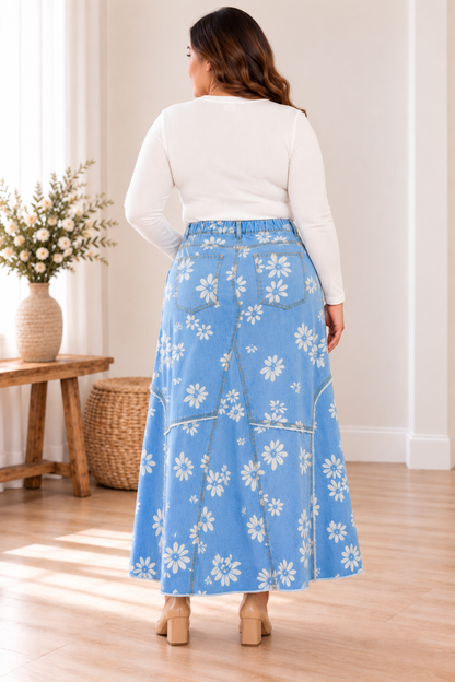 Be-Girl Light Blue Daisy Floral Denim Maxi Skirt Plus Size – PREORDER