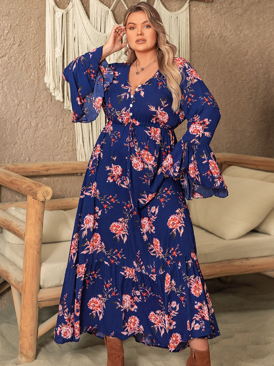 Plus Size Printed Half Button Flare Sleeve Dress