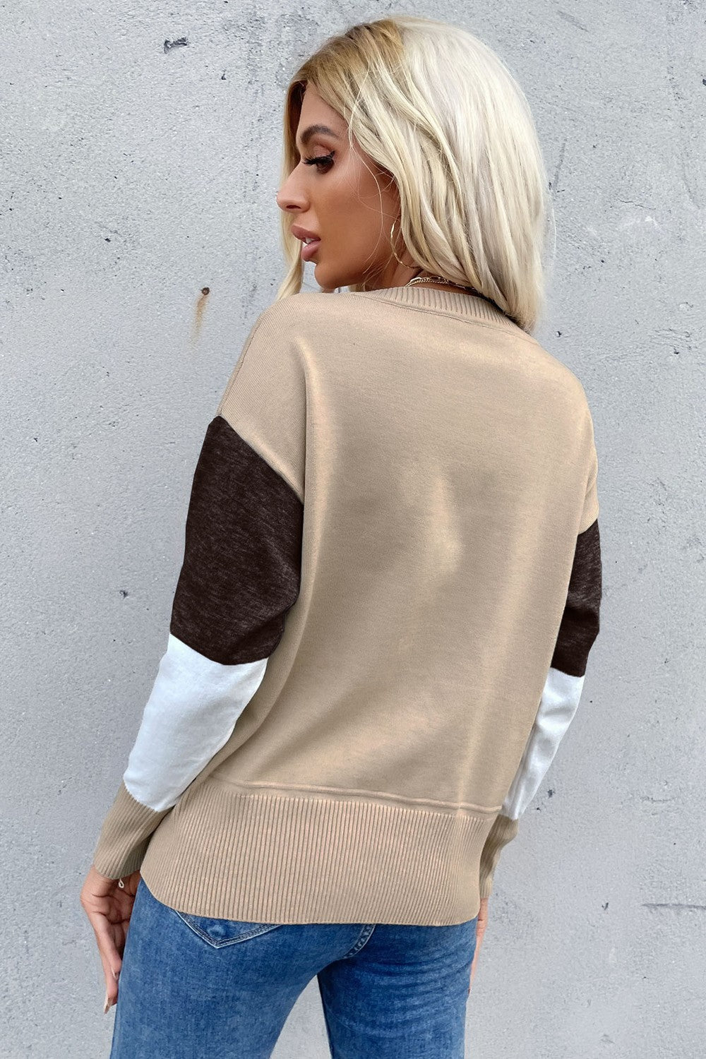 Perfee Color Block Ribbed Trim Round Neck Knit Pullover