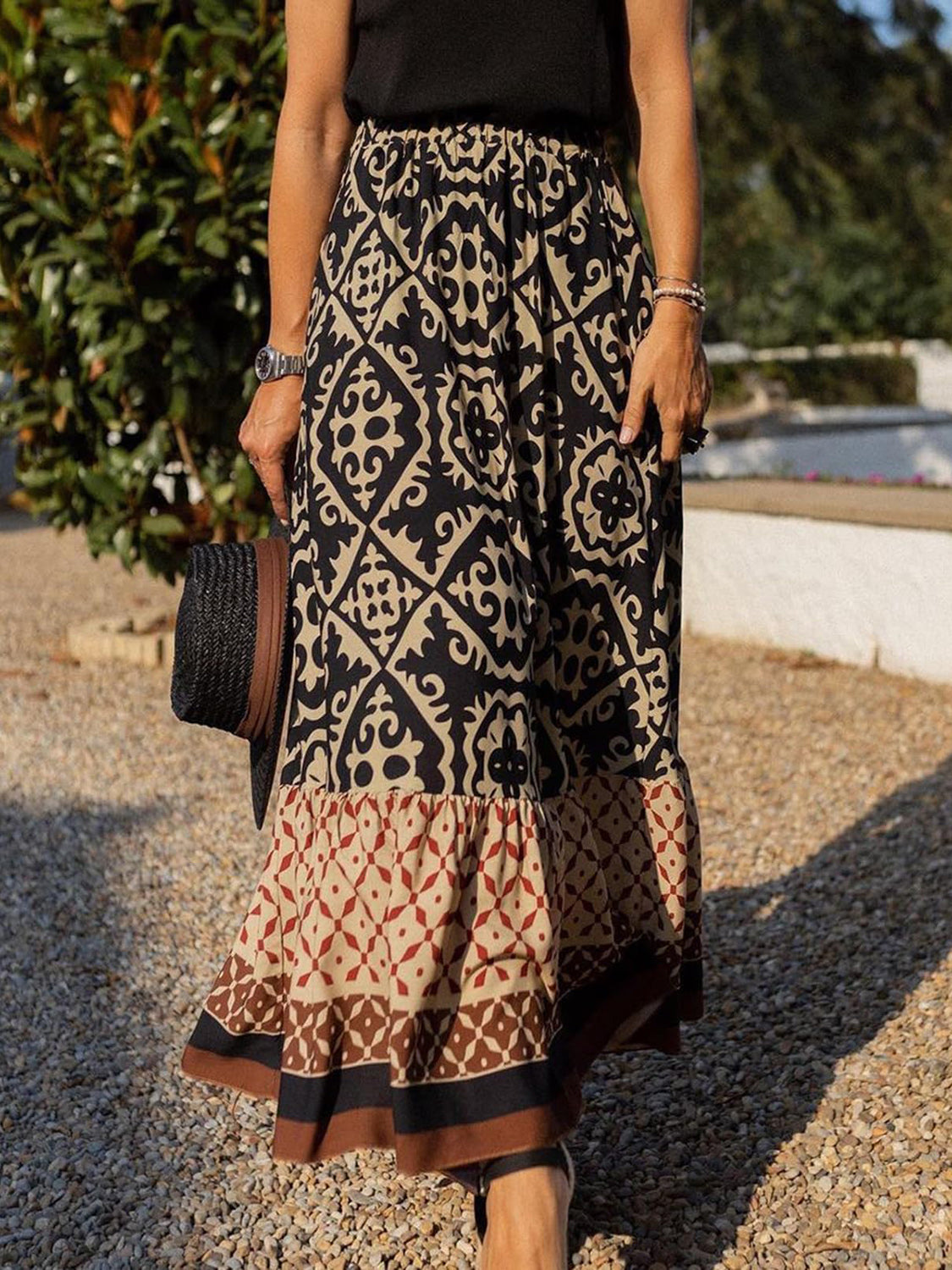 Geometric Elastic Waist Maxi Skirt