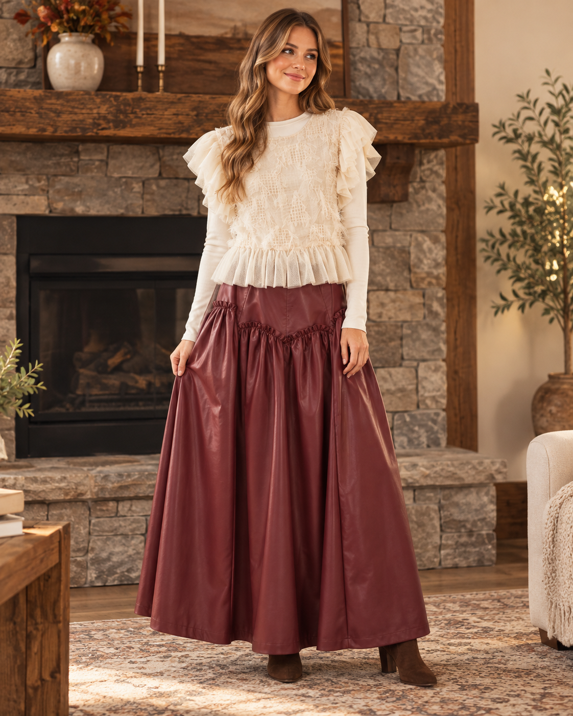 HEYSON Muted Wine Faux Leather Drop-Waist Maxi Skirt lifestyle view 7
