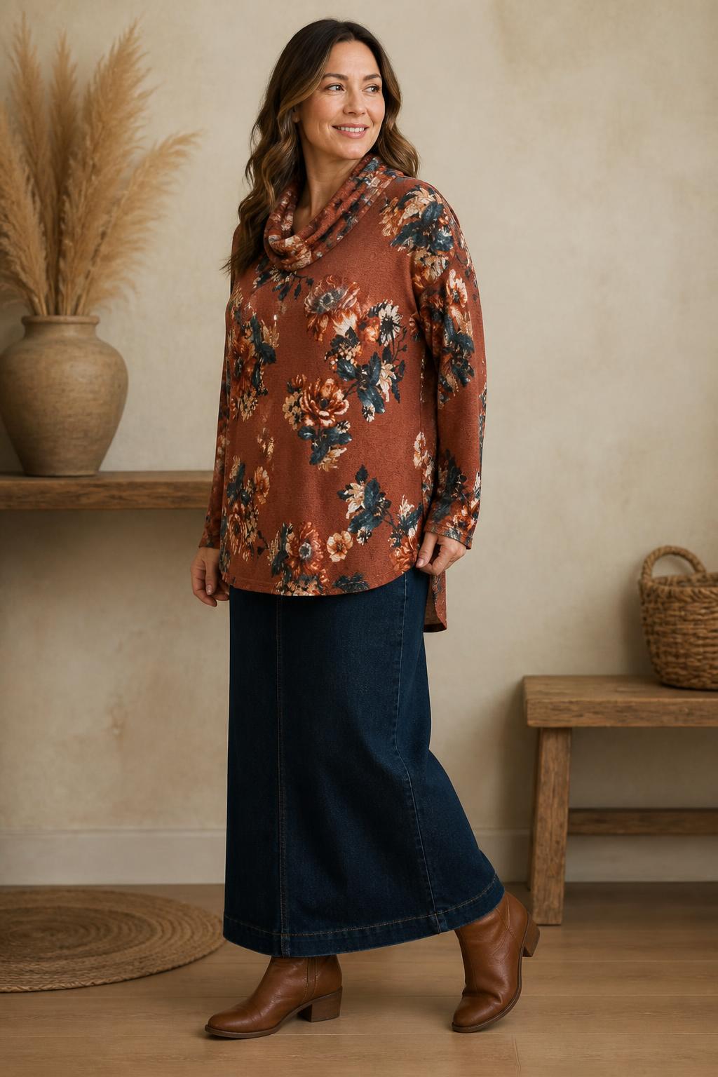 Chris & Carol Rust Floral Cowl-Neck Tunic Top lifestyle view 4