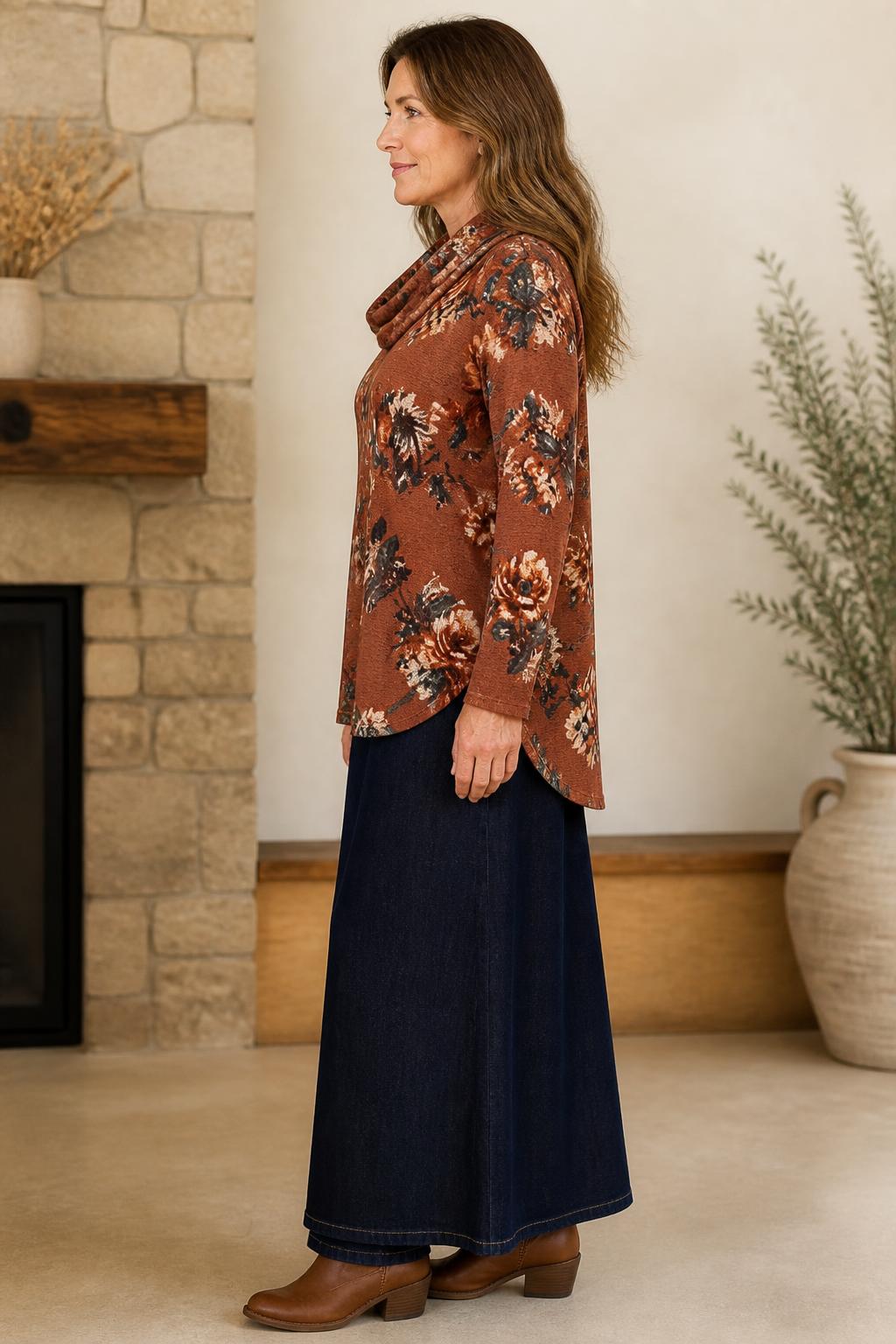 Chris & Carol Rust Floral Cowl-Neck Tunic Top lifestyle view 2
