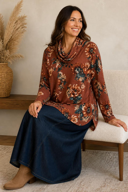Chris & Carol Rust Floral Cowl-Neck Tunic Top lifestyle view 5
