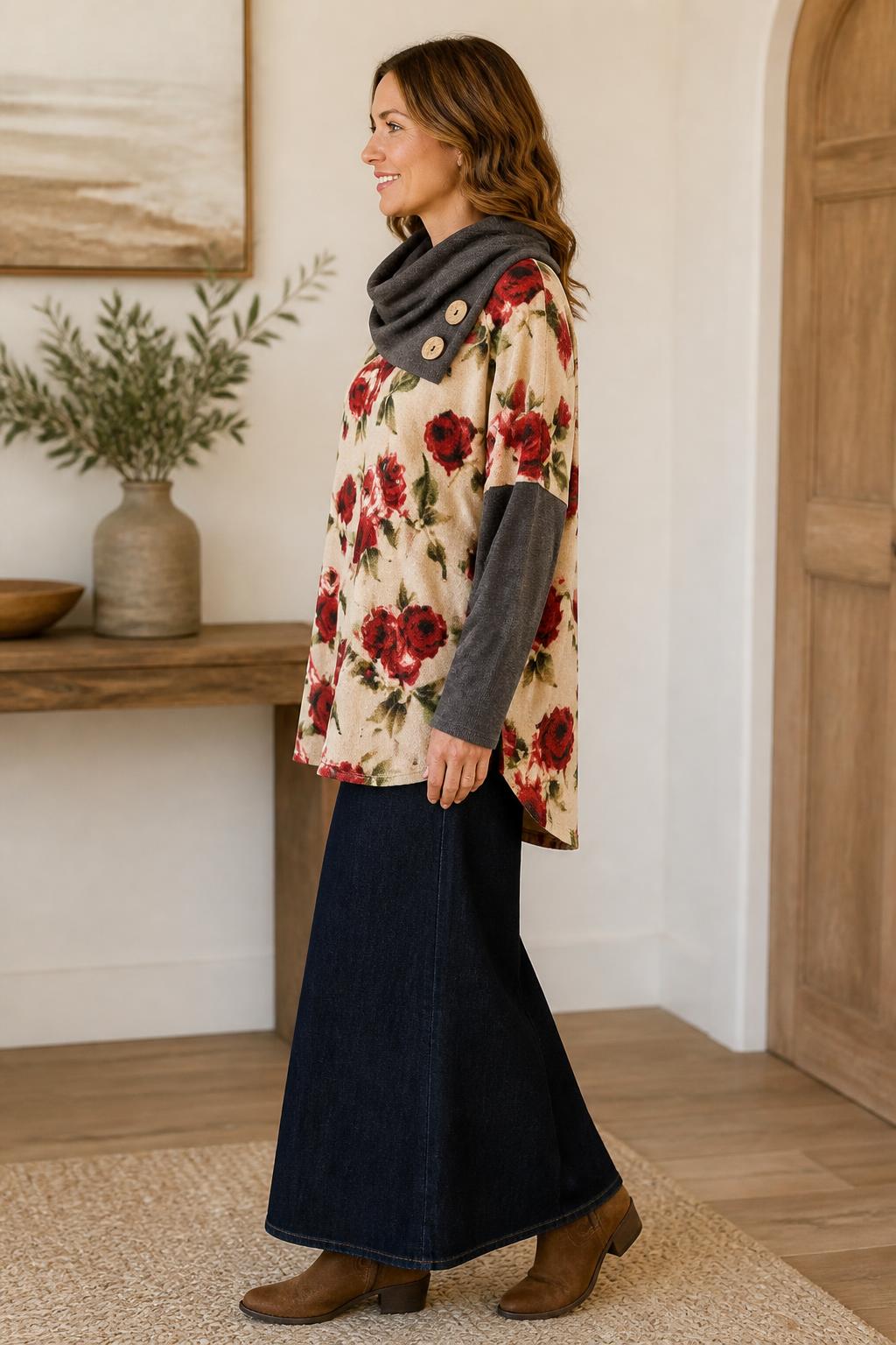 Chris & Carol Cream Rose Floral Colorblock Cowl-Neck Top lifestyle view 3