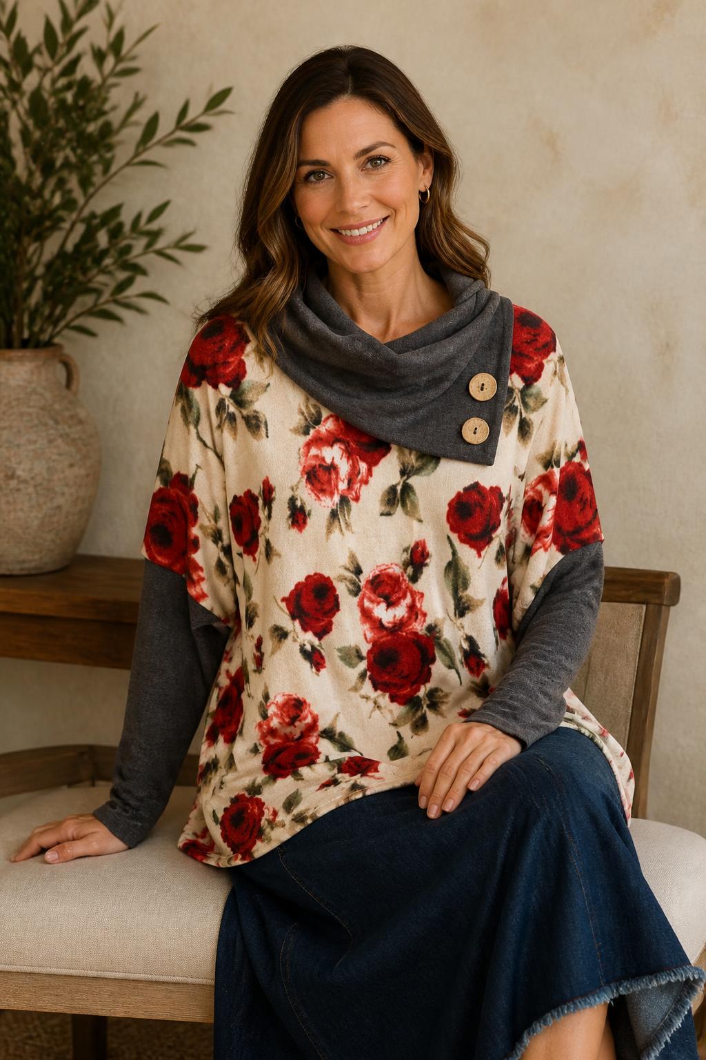 Chris & Carol Cream Rose Floral Colorblock Cowl-Neck Top lifestyle view 4