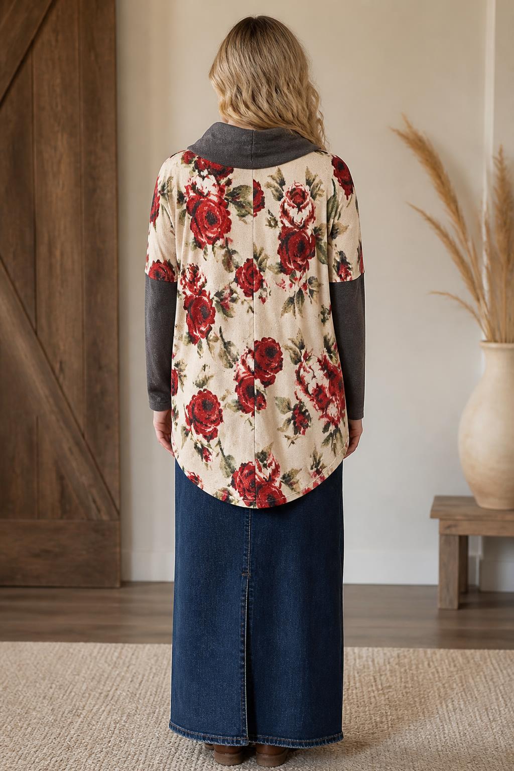 Chris & Carol Cream Rose Floral Colorblock Cowl-Neck Top lifestyle view 2