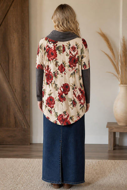 Chris & Carol Cream Rose Floral Colorblock Cowl-Neck Top lifestyle view 2