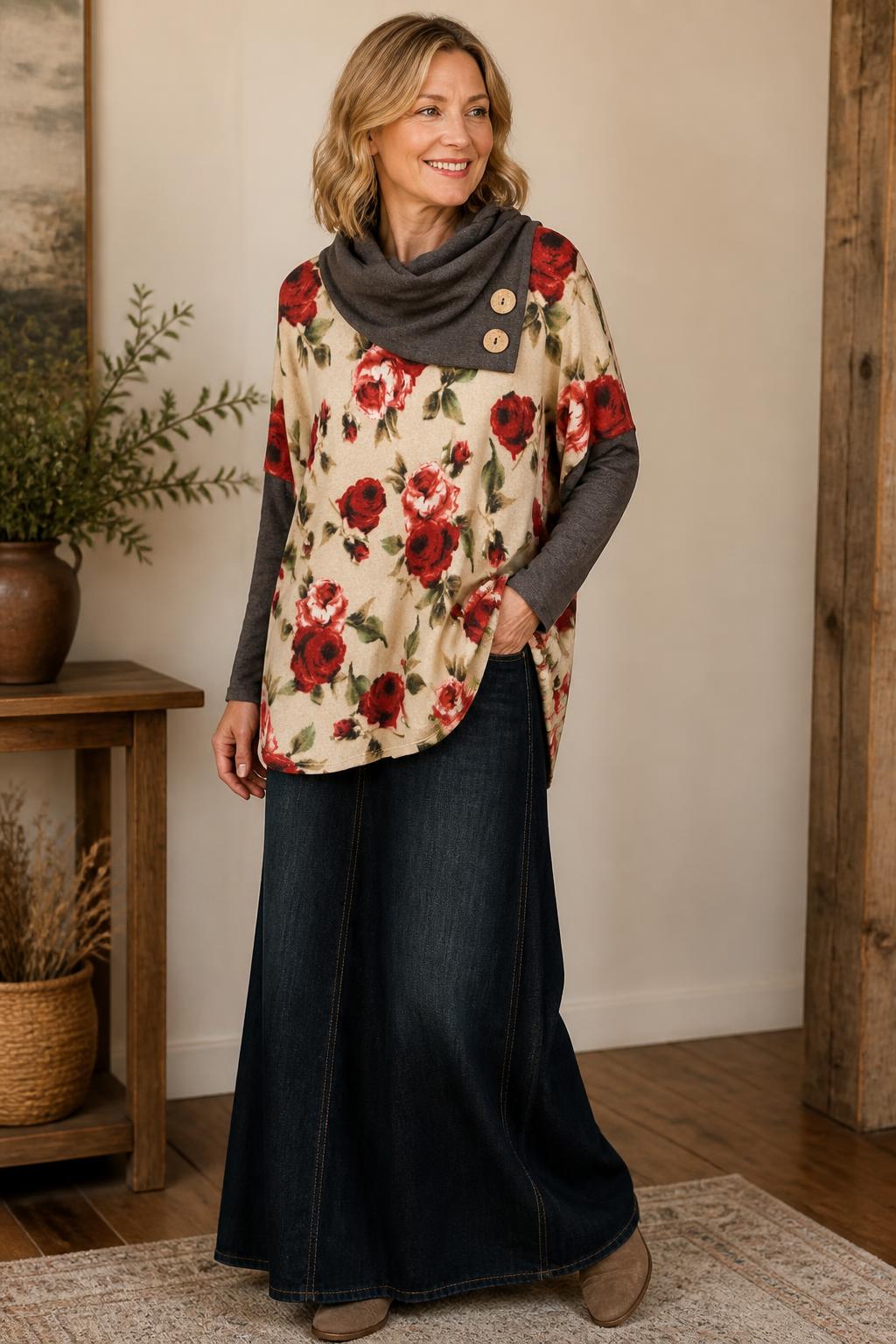 Chris & Carol Cream Rose Floral Colorblock Cowl-Neck Top lifestyle view 1